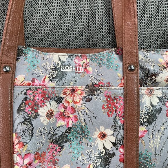 Rosetti Floral Tote Bag With Tan Faux Leather Accents & Multiple Pockets - Picture 3 of 11